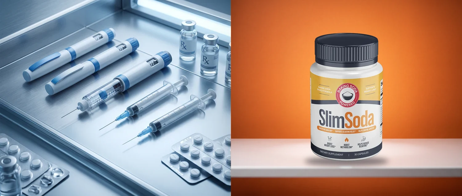 Injection pens and pill bottles in cold gray light on the left, next to a SlimSoda bottle glowing on a warm orange studio backdrop on the right
