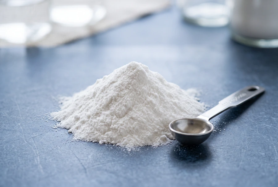White pharmaceutical-grade sodium bicarbonate powder on a dark navy slate surface