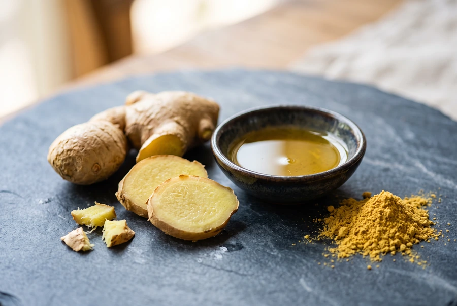 Fresh ginger root sliced open beside concentrated golden gingerol extract on a navy surface