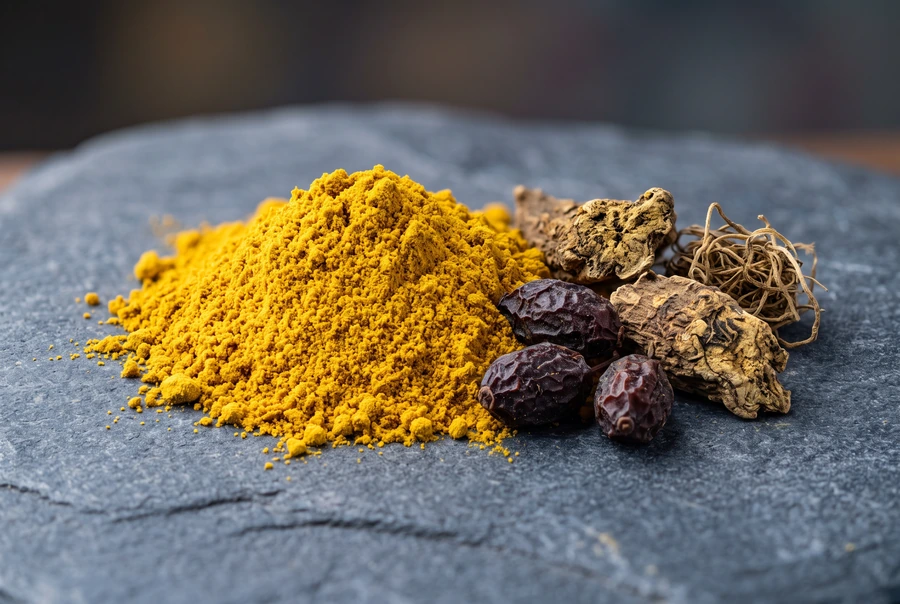 Bright golden-yellow berberine powder beside dried barberry botanicals on a navy surface