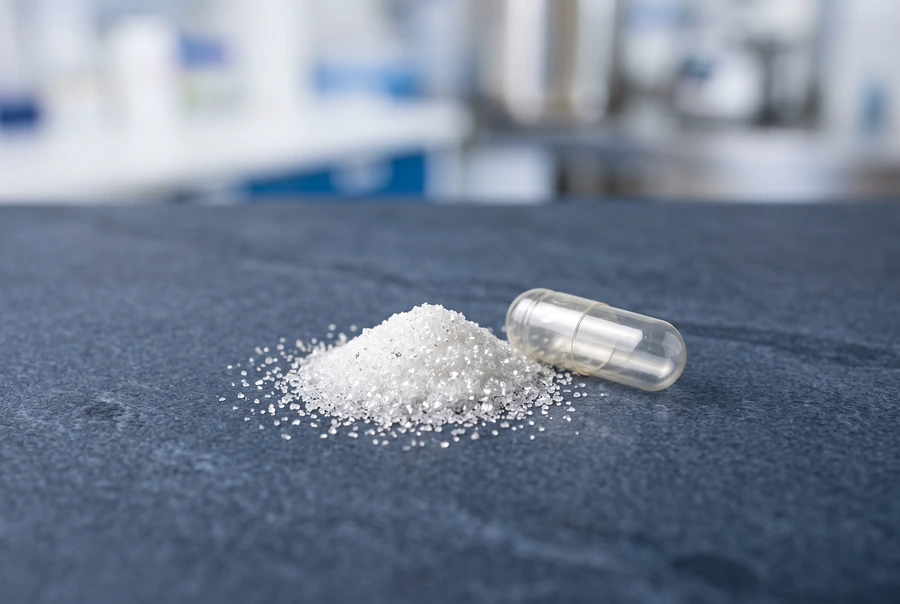 Glowing NAD+ molecular capsule and fine crystalline powder on a navy surface