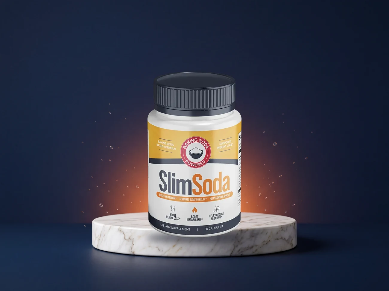 SlimSoda bottle standing in front of a navy and orange metabolic energy scene